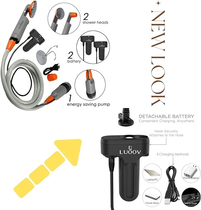 COSWE Portable Camping Shower, Outdoor Camp Pump with Rechargeable 4400mAH Battery and 130LM Led Lighting Device for Camping Hiking Outdoor Beach Garden