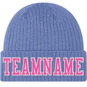 Custom Light Blue Pink-White Stitched Cuffed Knit Hat