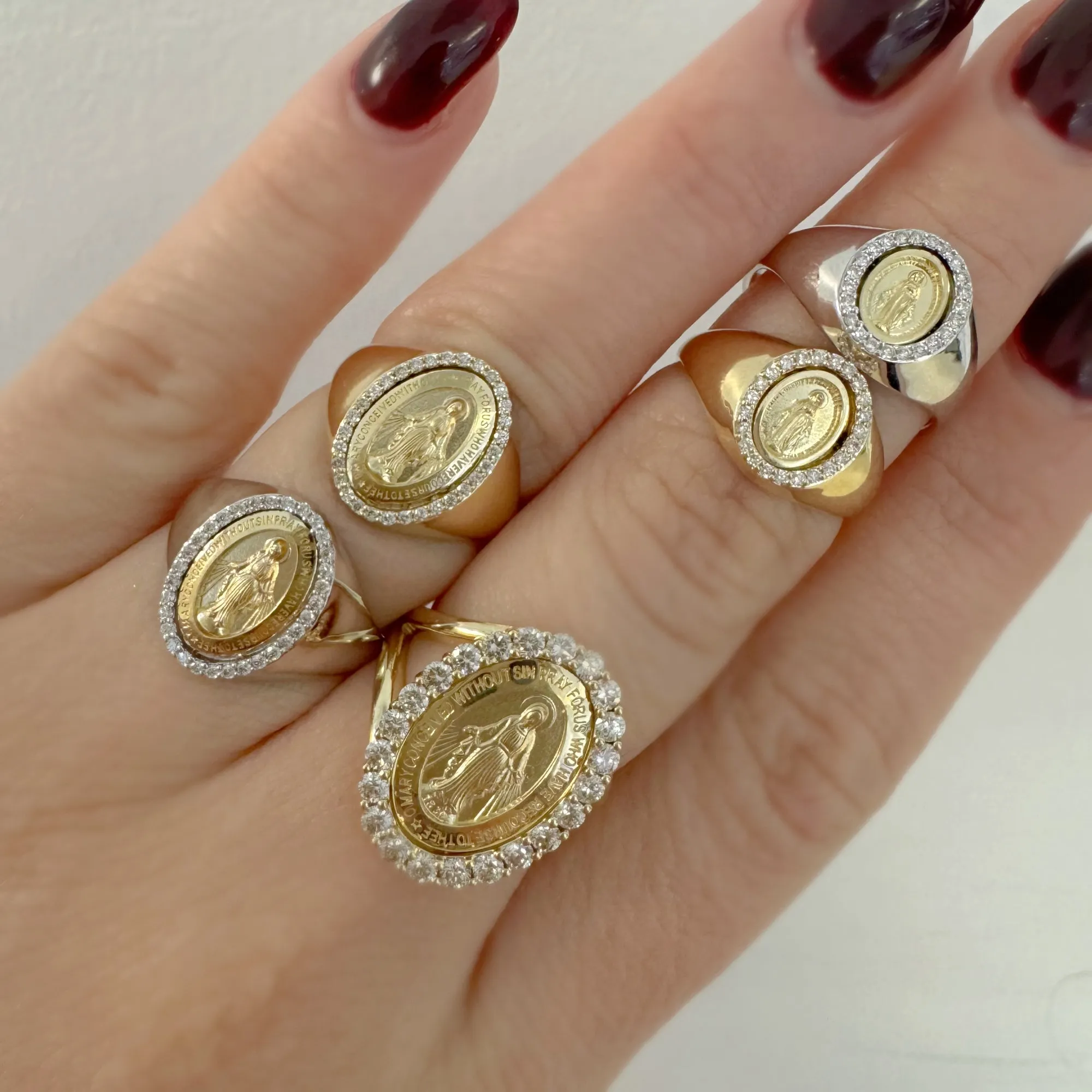 Dainty Mini Diamond Miraculous Medal Signet Ring
