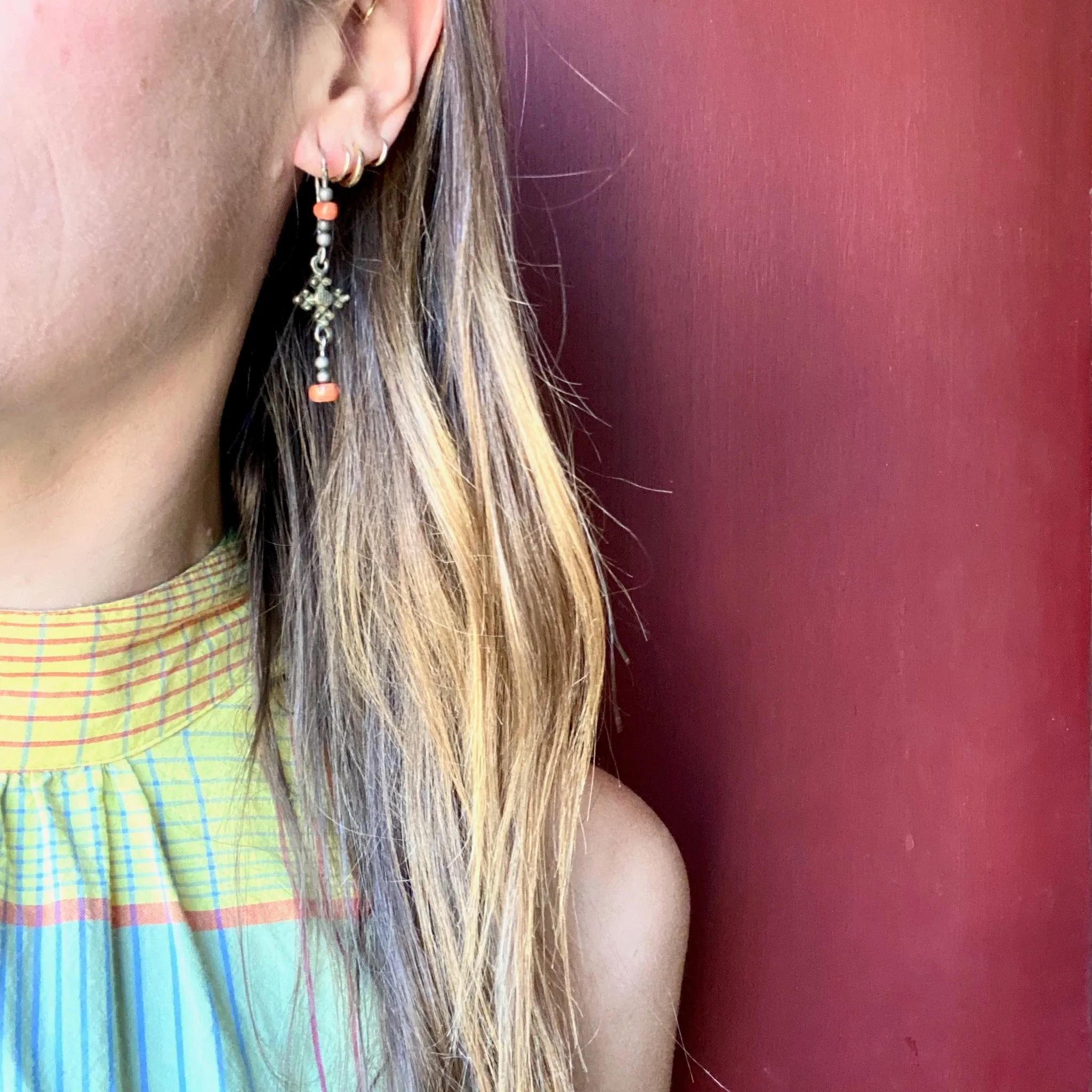 Delicate Ethiopian Brass Silver & Bead Earrings