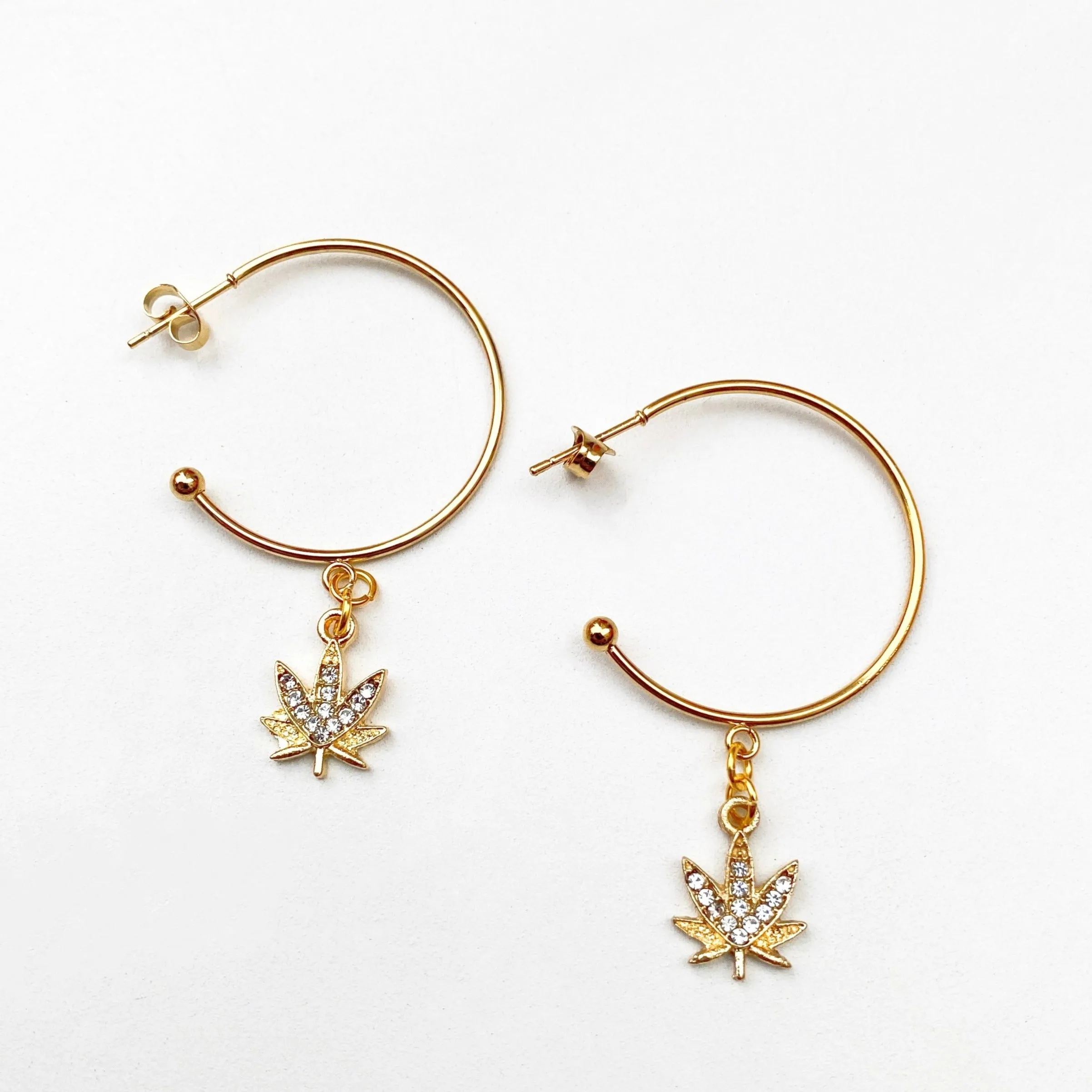 Delicate Rhinestone Weed Leaf Hoops