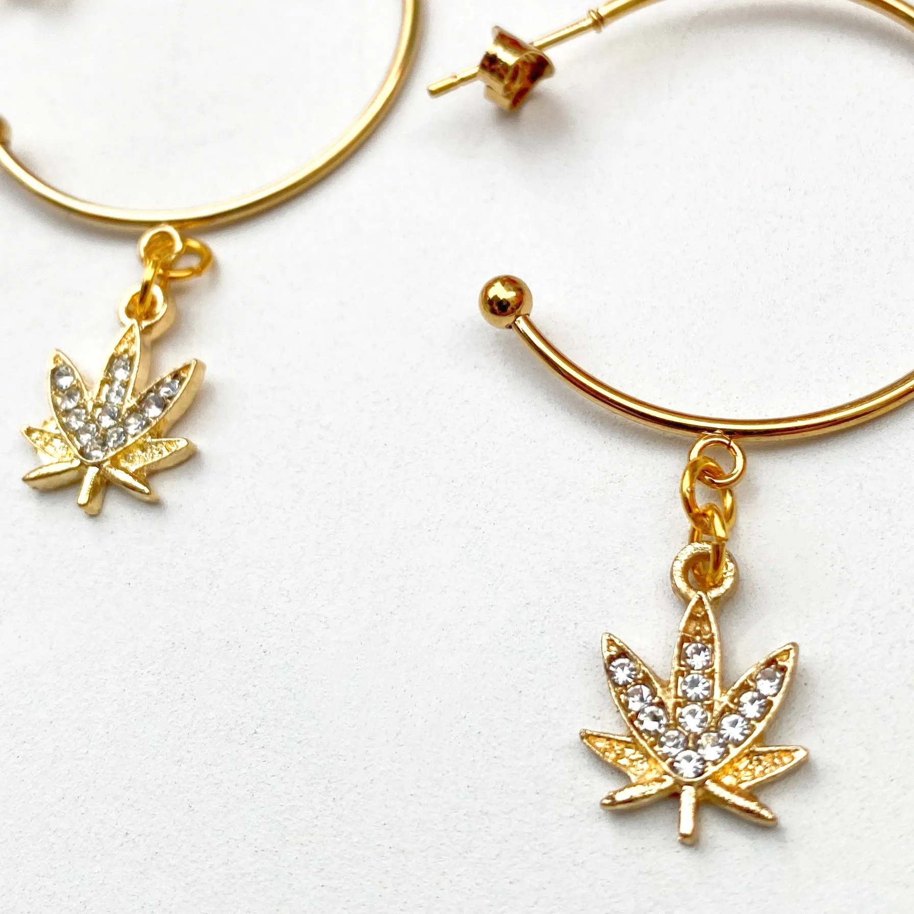 Delicate Rhinestone Weed Leaf Hoops