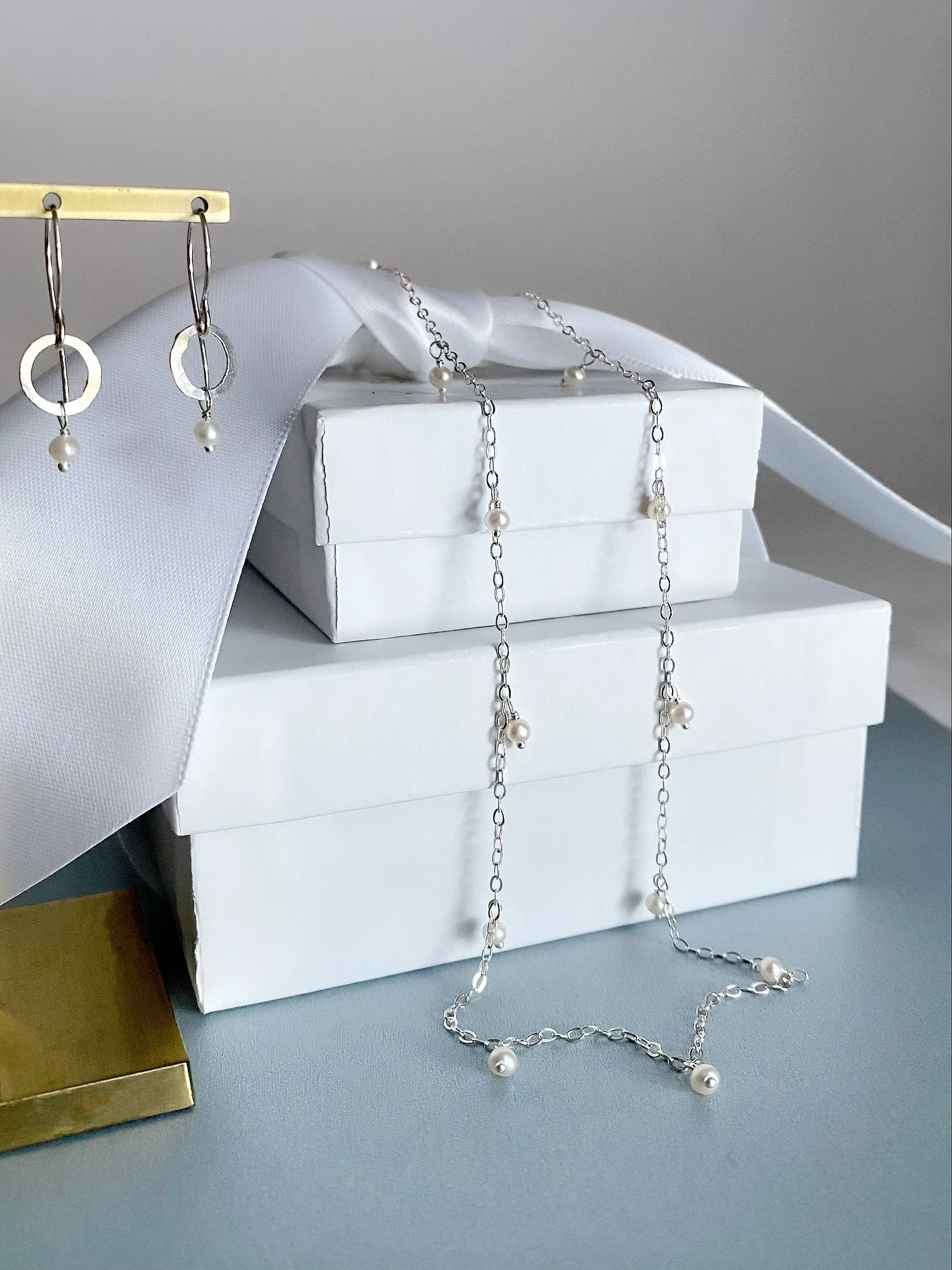Delicate Scattered Pearl Necklace, Silver