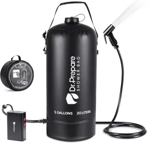 DR.PREPARE Portable Shower with Rechargeable Electric Pump, 4 Gallons/5 Gallons Outdoor Camp Shower Bag, Fast Inflation, Dual Shower Options, Portable for Camping, Hiking, Beach