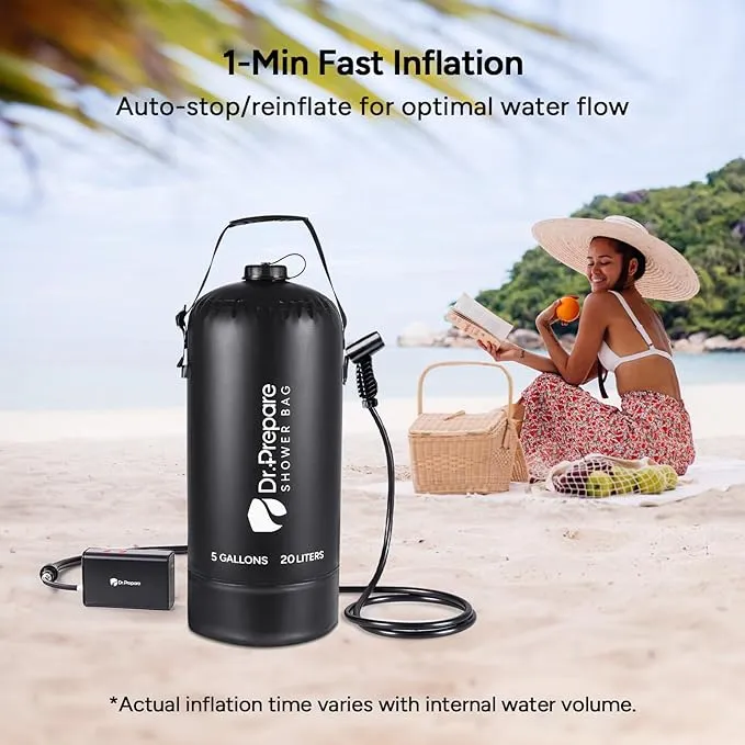 DR.PREPARE Portable Shower with Rechargeable Electric Pump, 4 Gallons/5 Gallons Outdoor Camp Shower Bag, Fast Inflation, Dual Shower Options, Portable for Camping, Hiking, Beach