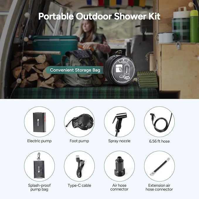 DR.PREPARE Portable Shower with Rechargeable Electric Pump, 4 Gallons/5 Gallons Outdoor Camp Shower Bag, Fast Inflation, Dual Shower Options, Portable for Camping, Hiking, Beach