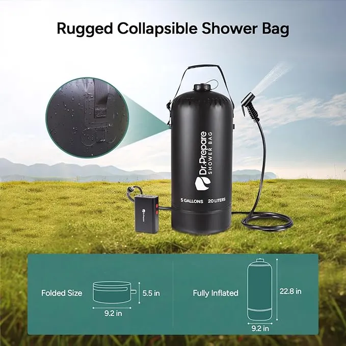 DR.PREPARE Portable Shower with Rechargeable Electric Pump, 4 Gallons/5 Gallons Outdoor Camp Shower Bag, Fast Inflation, Dual Shower Options, Portable for Camping, Hiking, Beach