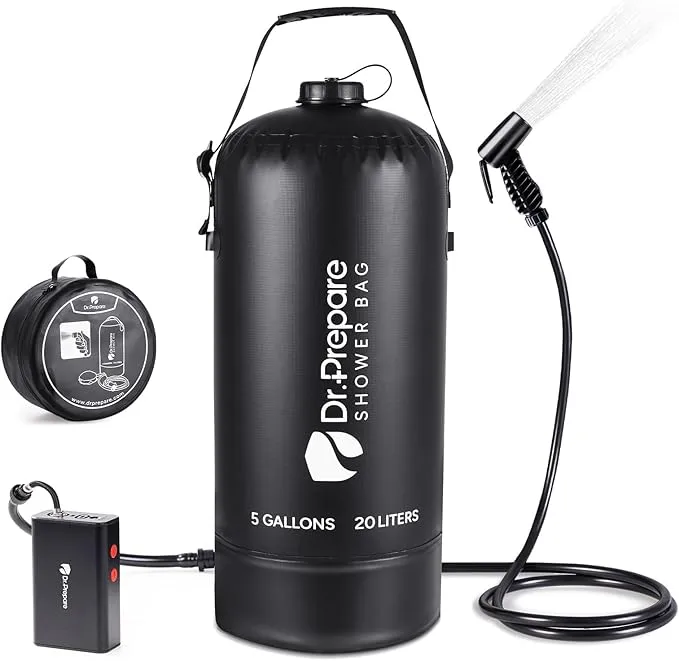 DR.PREPARE Portable Shower with Rechargeable Electric Pump, 4 Gallons/5 Gallons Outdoor Camp Shower Bag, Fast Inflation, Dual Shower Options, Portable for Camping, Hiking, Beach