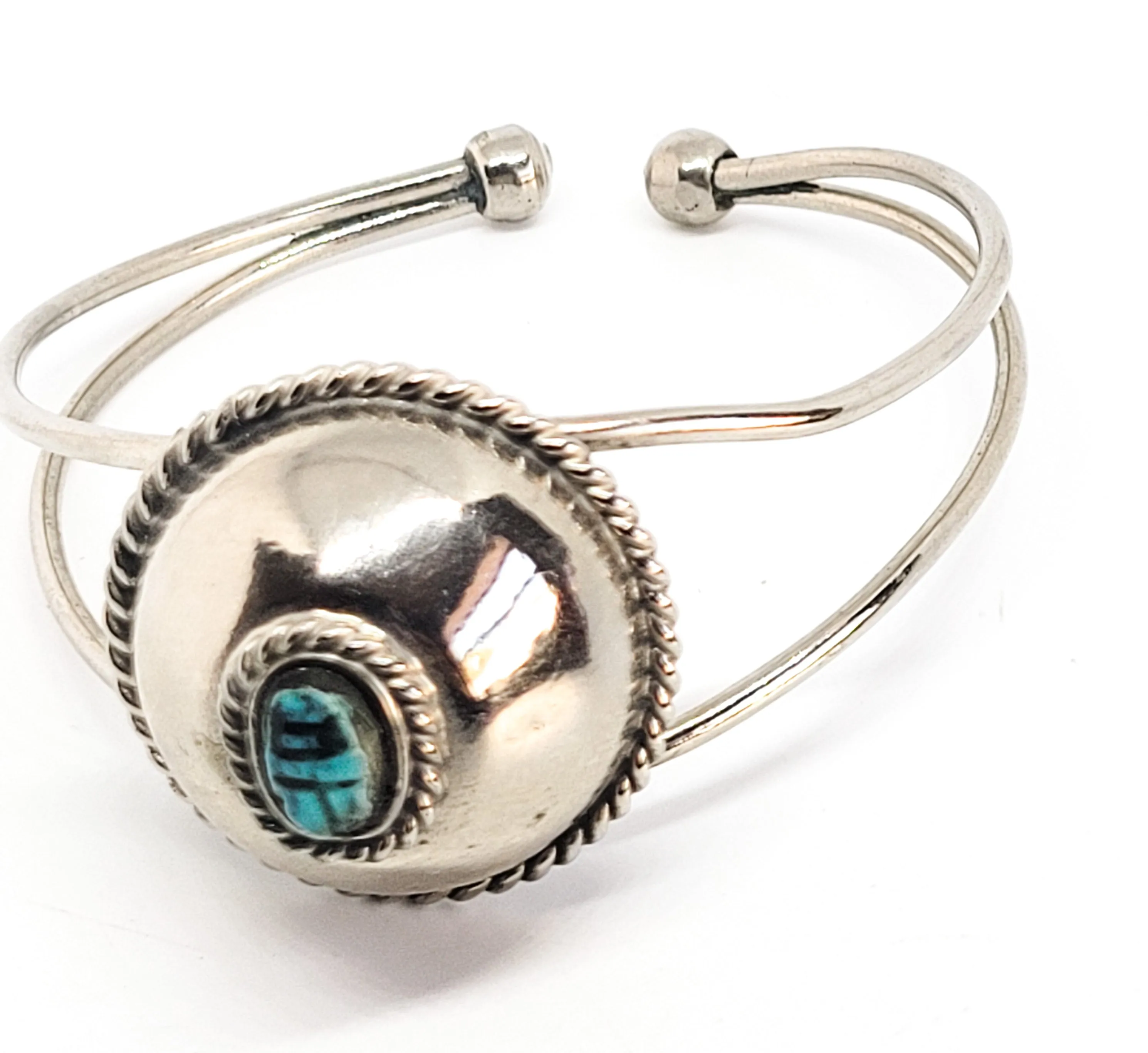 Egyptian Revival Scarab fince blue cab vintage silver toned cuff bracelet