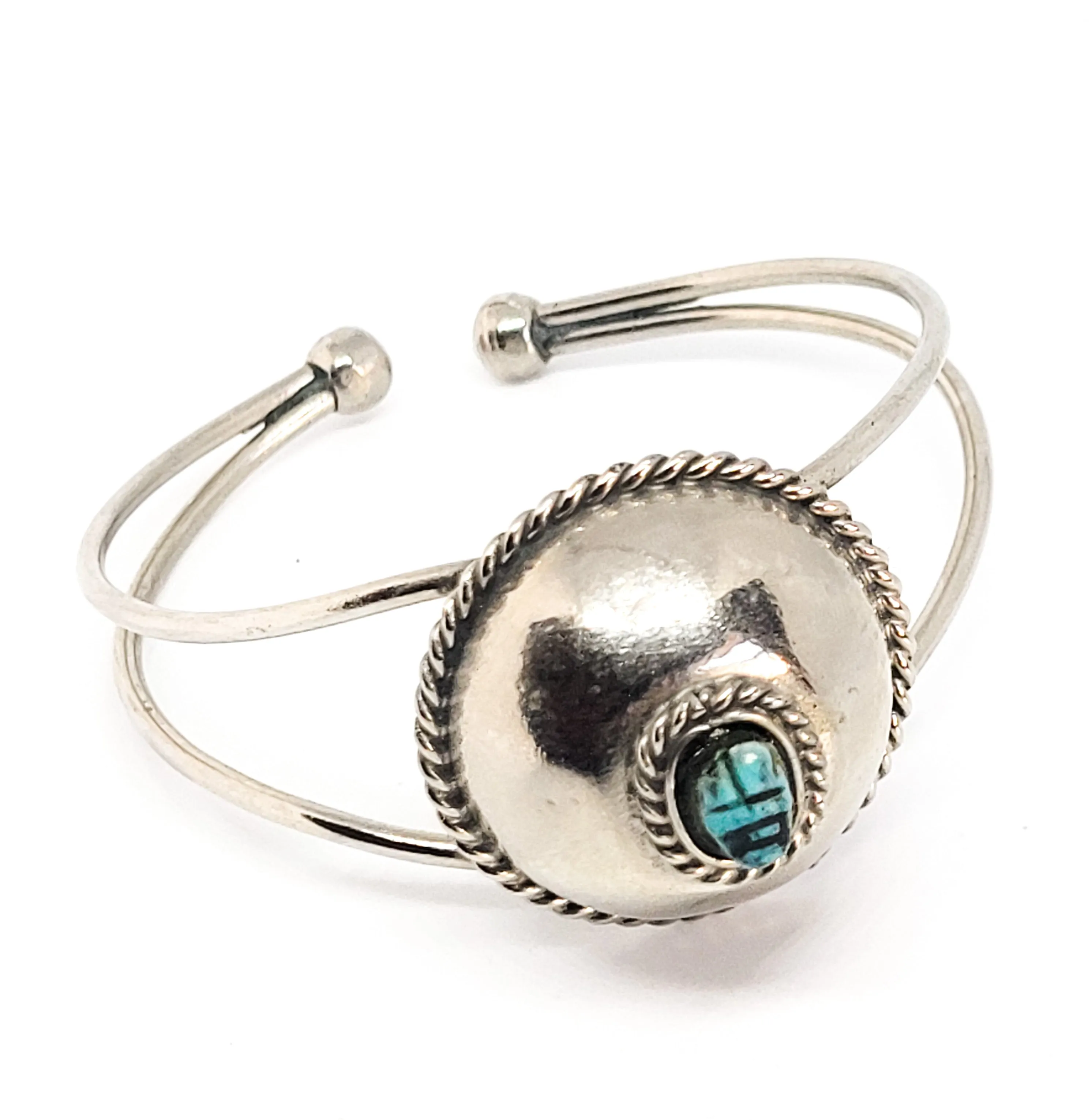 Egyptian Revival Scarab fince blue cab vintage silver toned cuff bracelet