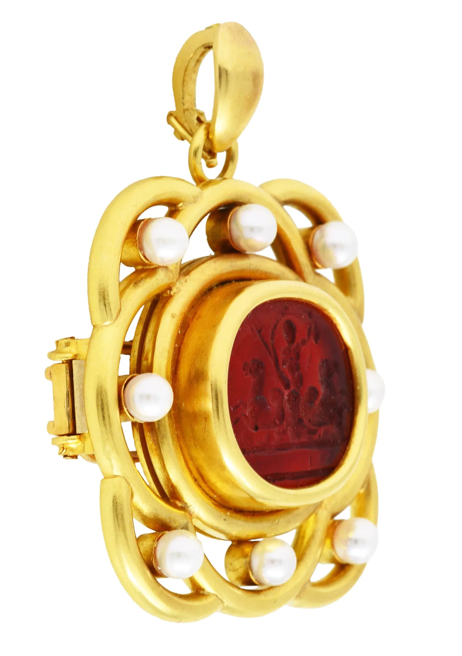 Elizabeth Locke Pearl Venetian Glass Intaglio 18 Karat Yellow Gold Poseidon Enhancer Pendant Brooch