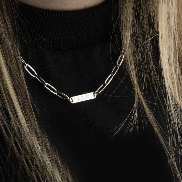 Engraved Small Bar Necklace / Paper Clip Chain