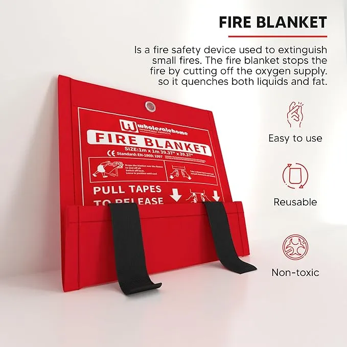 Fire Extinguisher Blanket - Heavy Duty Portable Fiberglass Emergency Blanket - Puts Out Grill & Grease Flames - Safe & Reusable Survival Fire Safety for Home, Kitchen, Car, Camping 1x1m