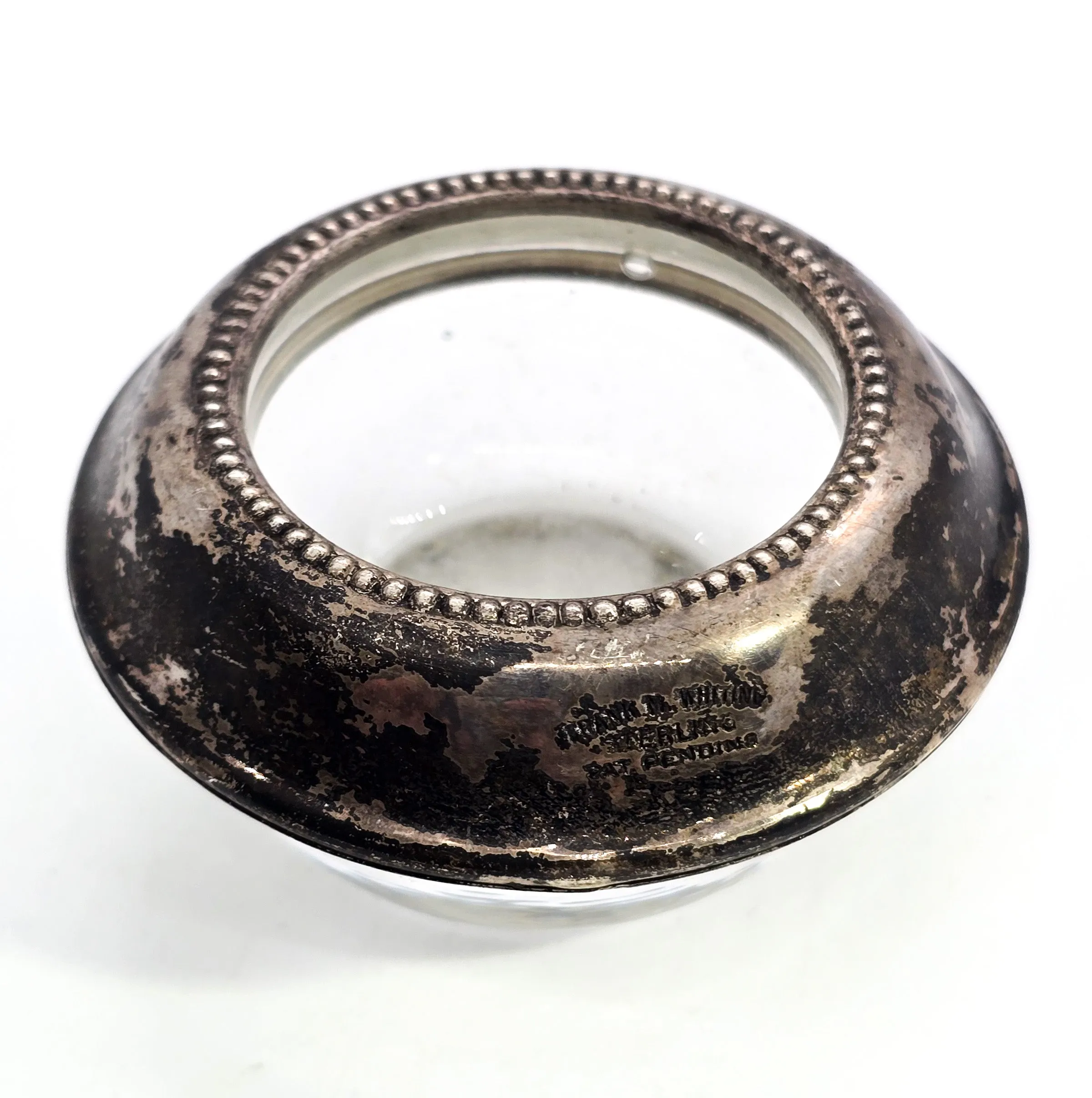 Frank M Whiting Manganese glass sterling silver lipped vintage table top salt cellar