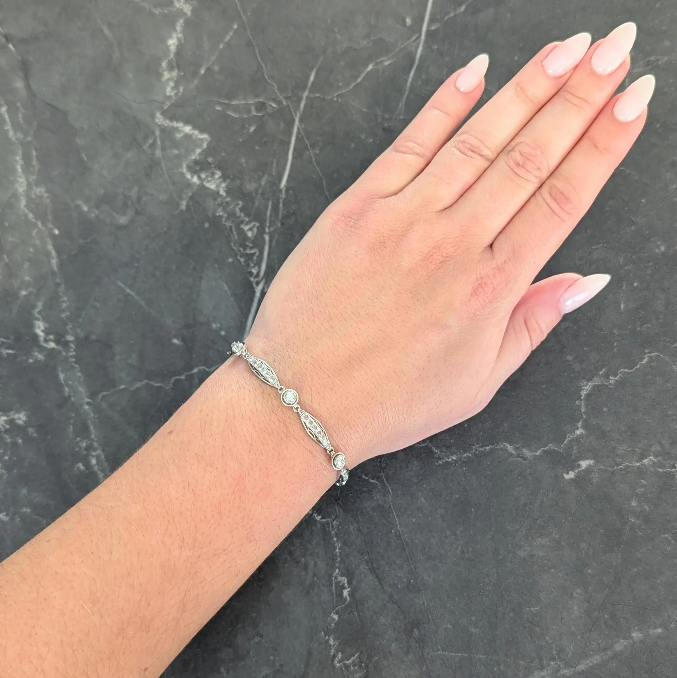 French Art Deco Old European Cut Diamond Platinum Vintage Fancy Link Line Bracelet