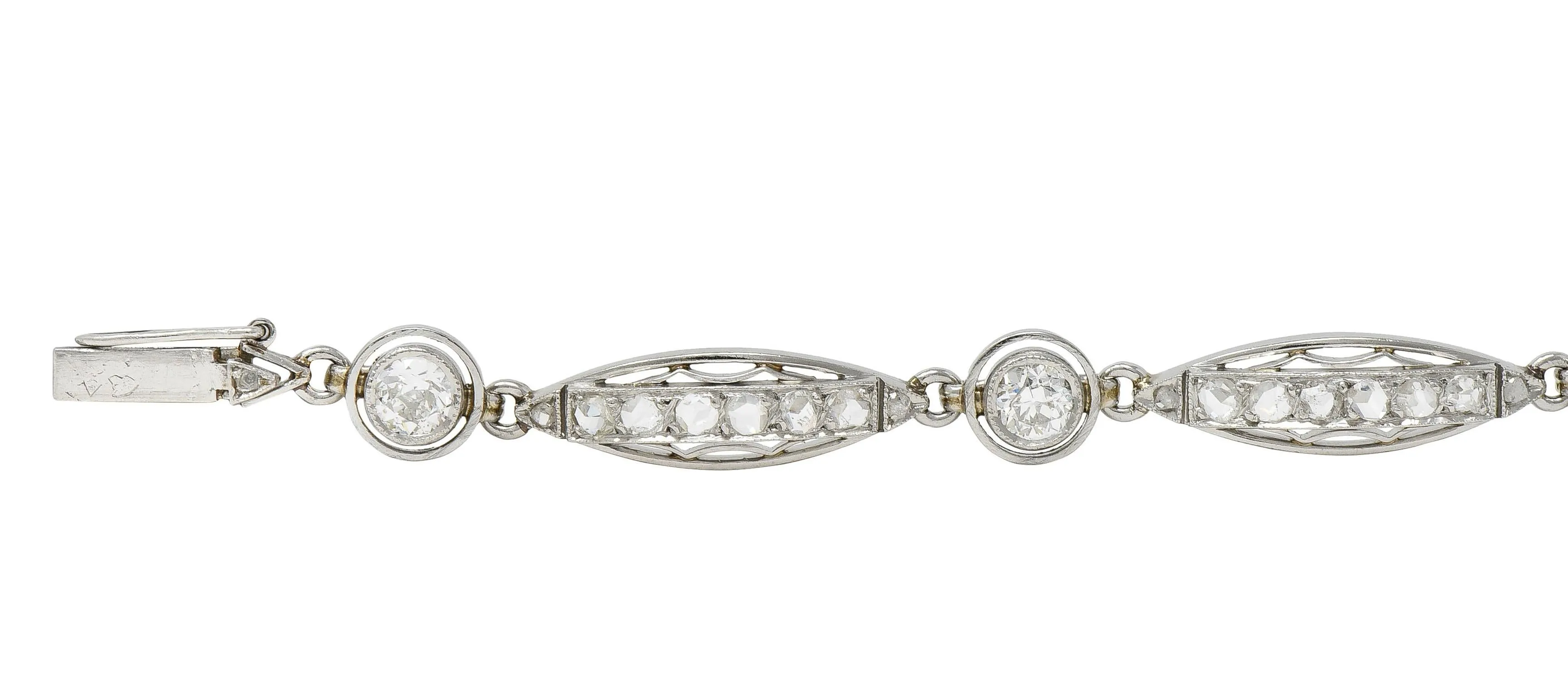 French Art Deco Old European Cut Diamond Platinum Vintage Fancy Link Line Bracelet