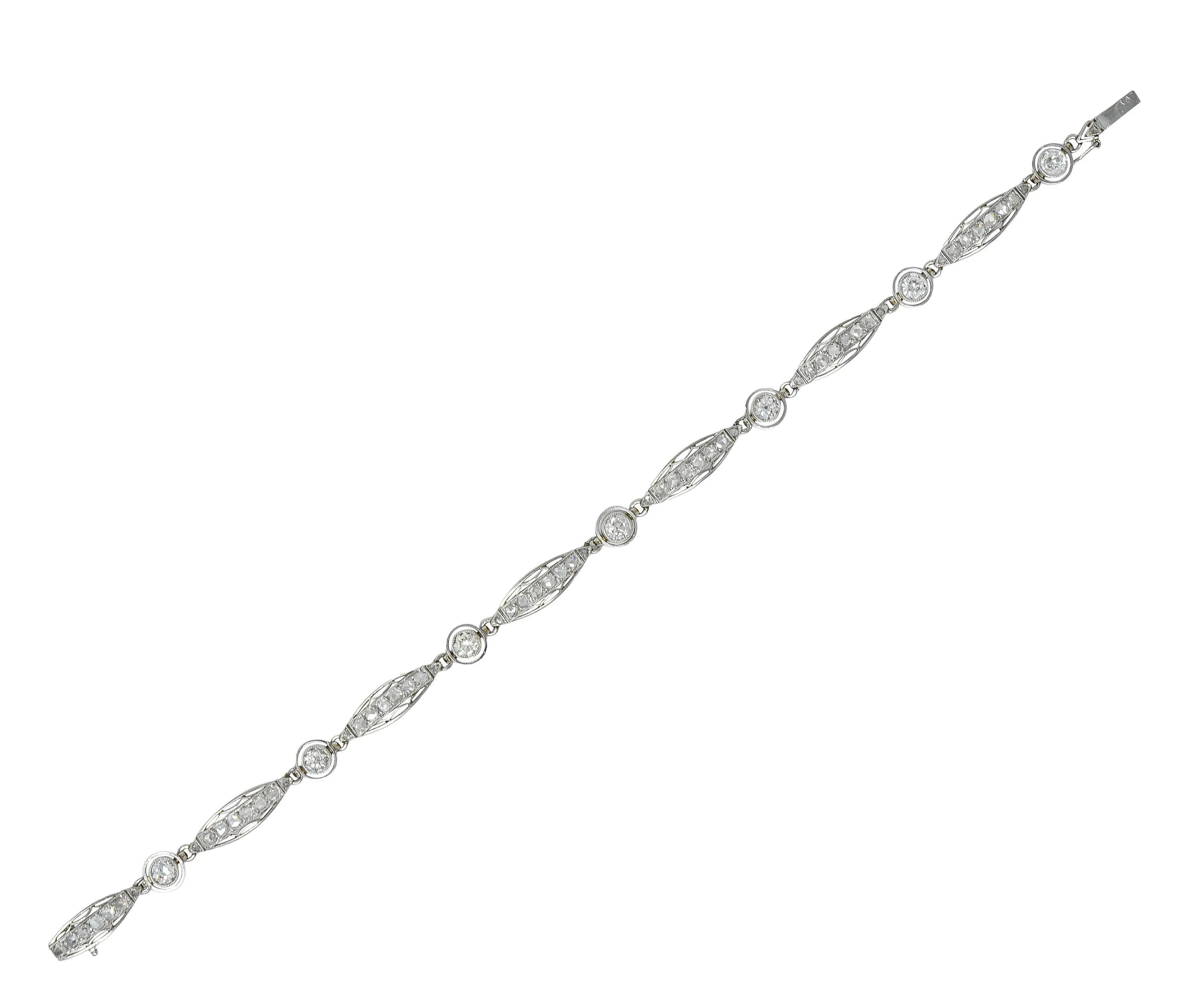 French Art Deco Old European Cut Diamond Platinum Vintage Fancy Link Line Bracelet