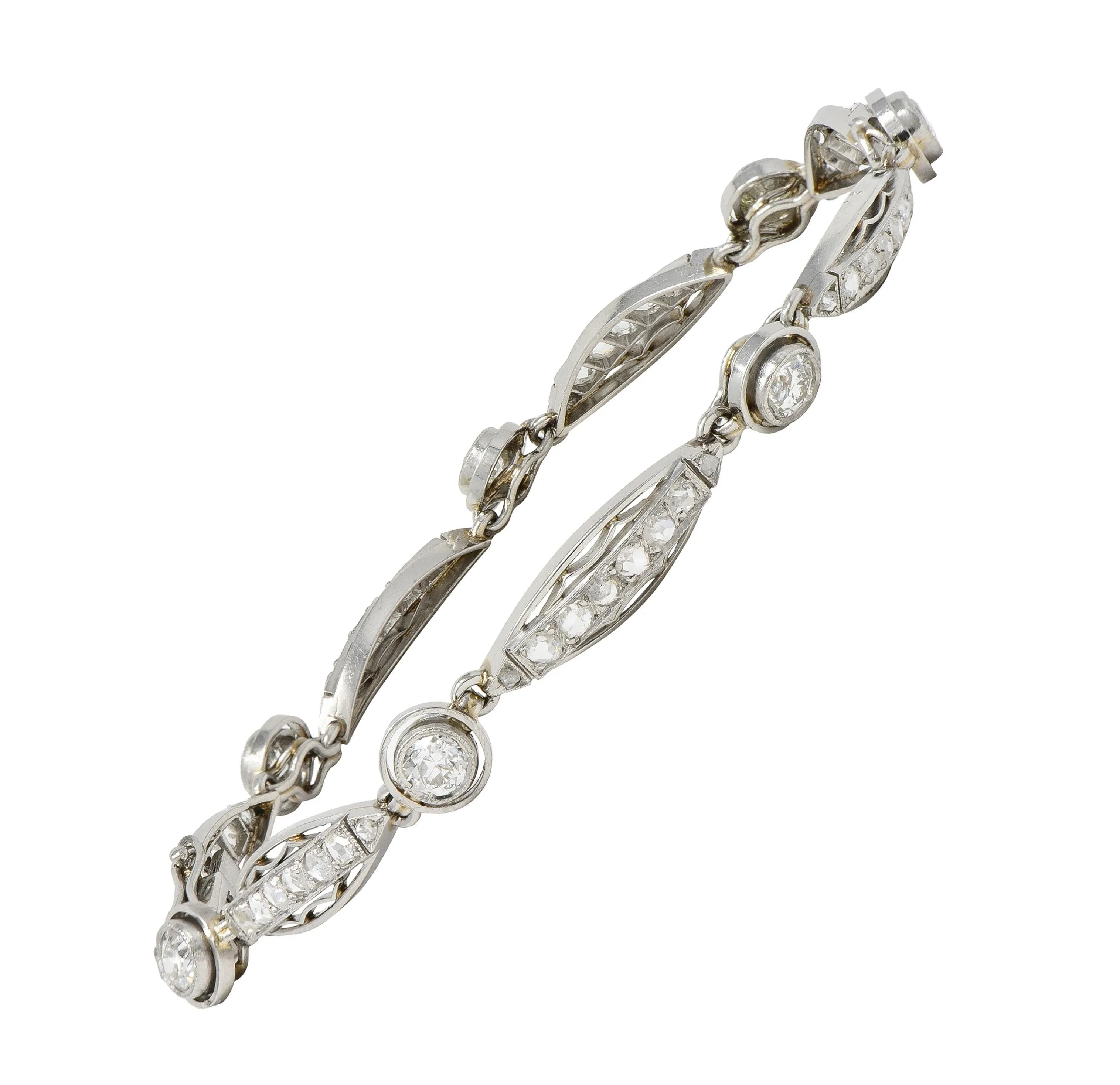 French Art Deco Old European Cut Diamond Platinum Vintage Fancy Link Line Bracelet