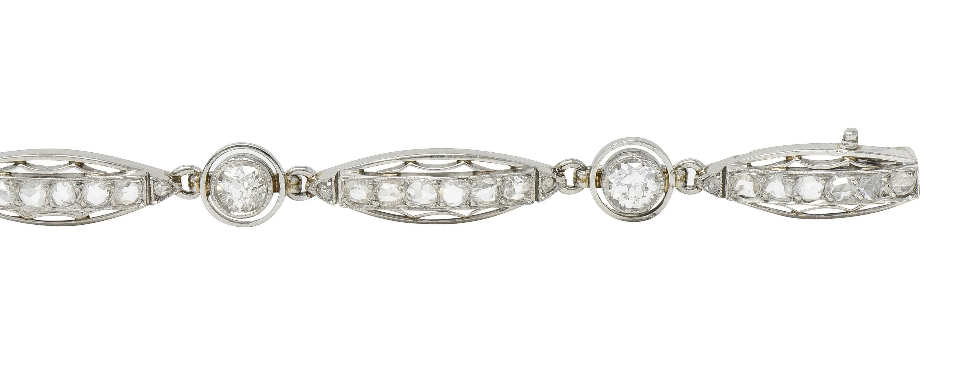French Art Deco Old European Cut Diamond Platinum Vintage Fancy Link Line Bracelet