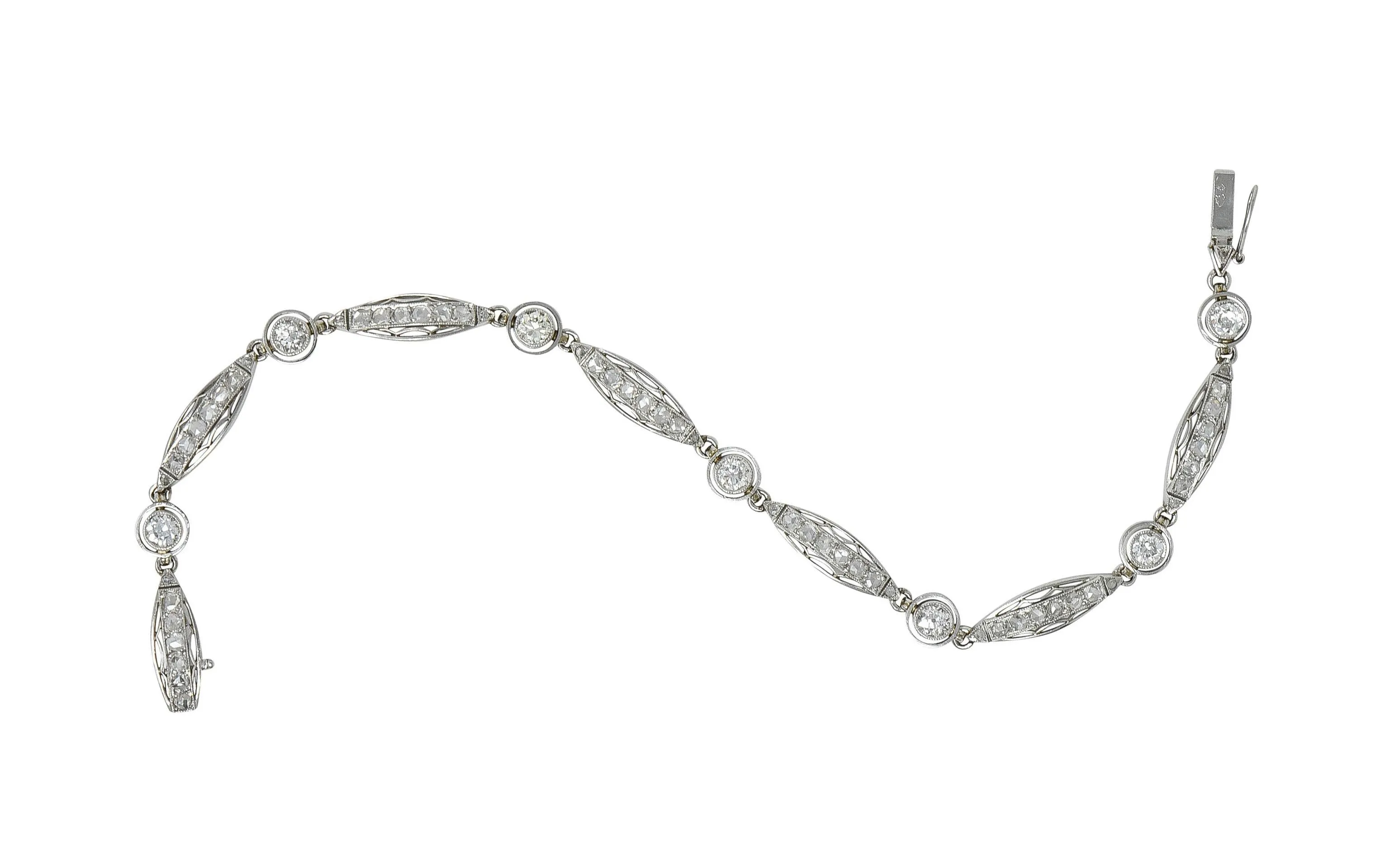French Art Deco Old European Cut Diamond Platinum Vintage Fancy Link Line Bracelet