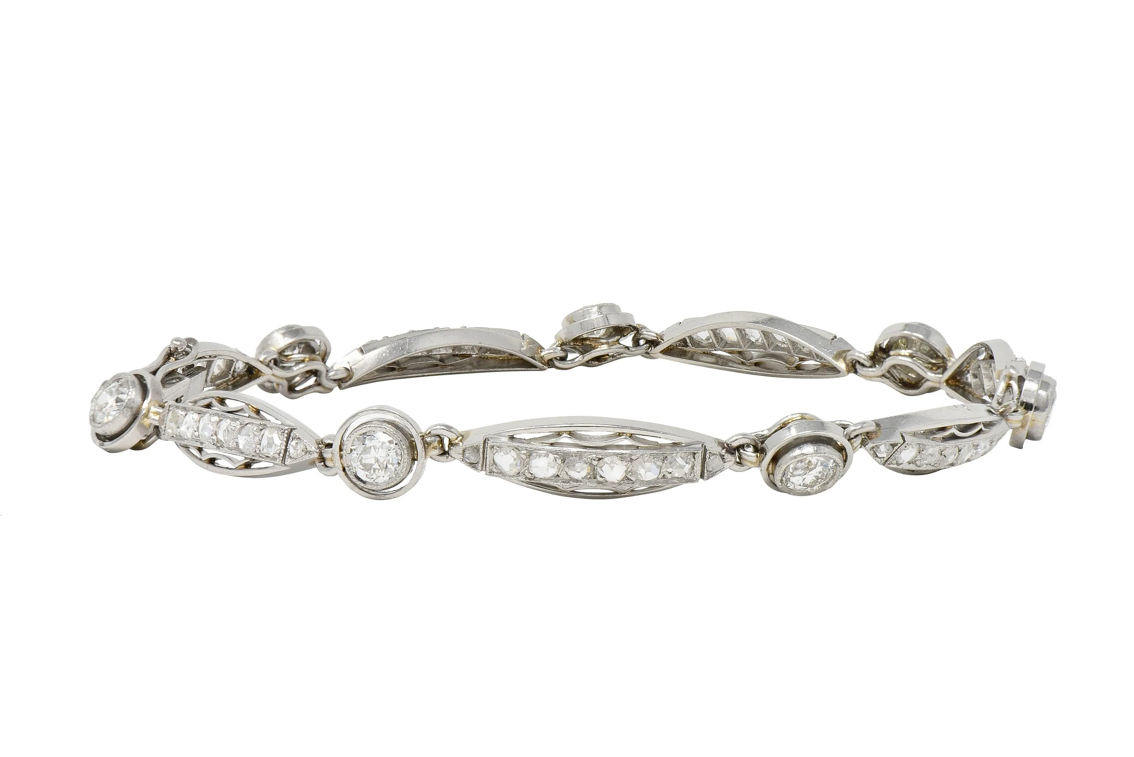 French Art Deco Old European Cut Diamond Platinum Vintage Fancy Link Line Bracelet