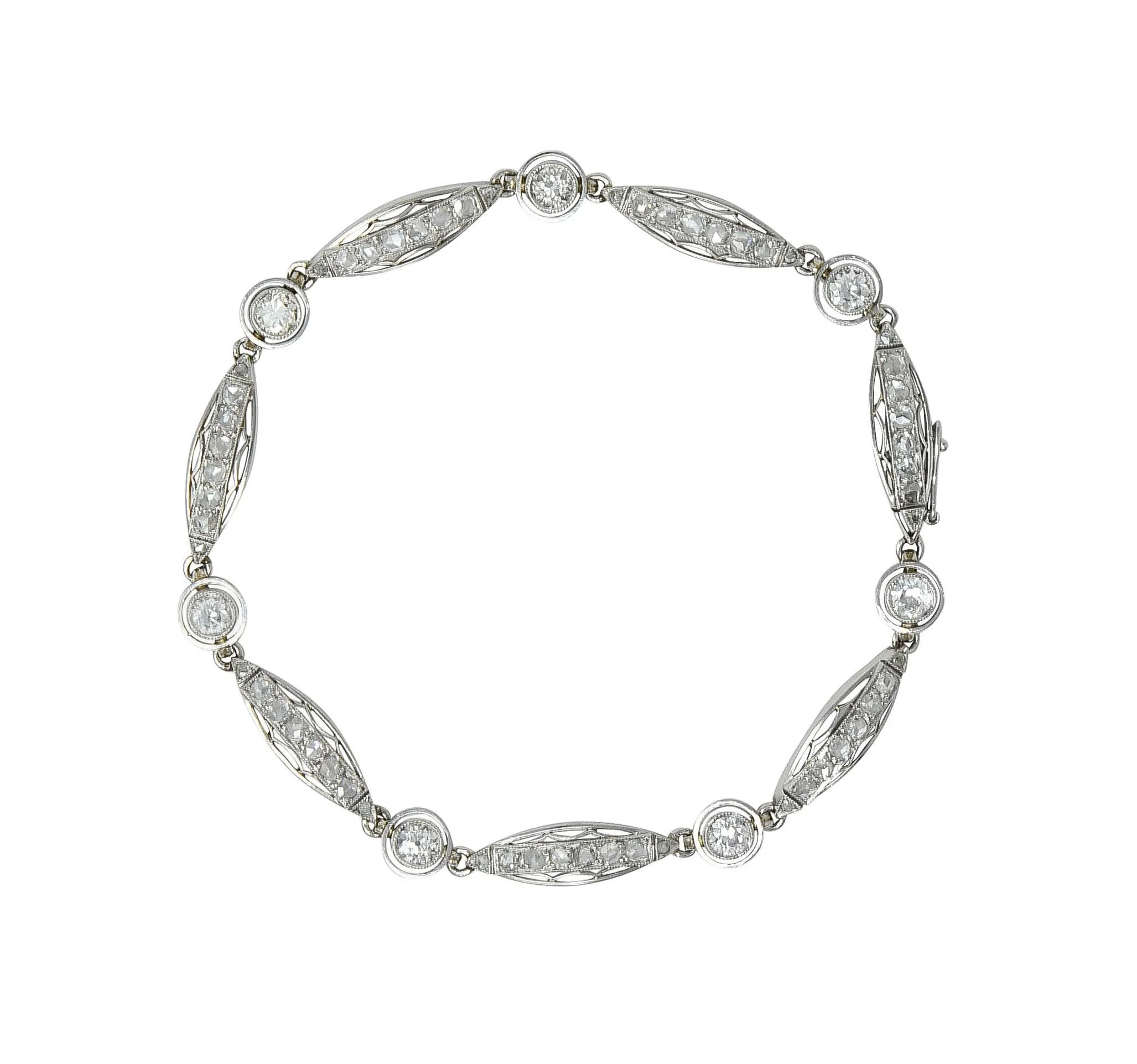 French Art Deco Old European Cut Diamond Platinum Vintage Fancy Link Line Bracelet