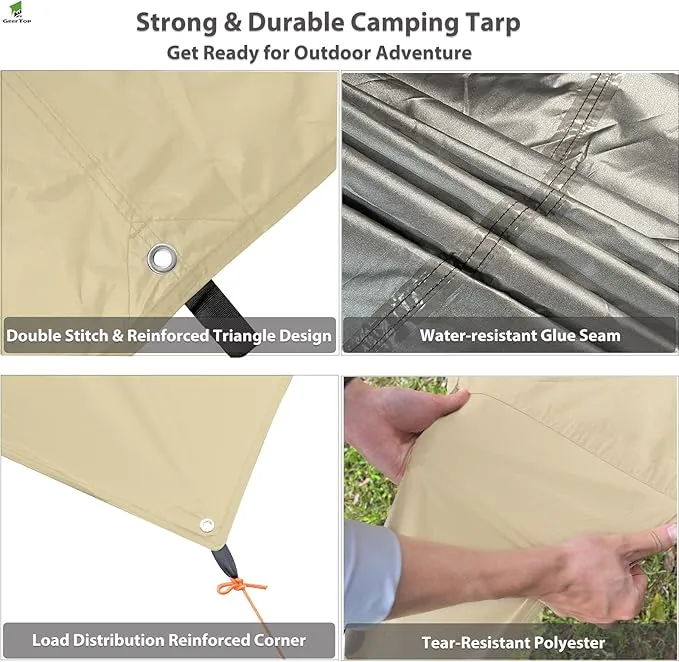 GEERTOP Large Camping Tent Tarp 17 x 10 ft Outdoor Waterproof Hammock Rain Fly Backpacking Tent Tarp Shelter for Survival Travel Khaki (Not Includes Poles)