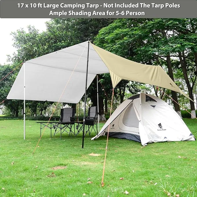 GEERTOP Large Camping Tent Tarp 17 x 10 ft Outdoor Waterproof Hammock Rain Fly Backpacking Tent Tarp Shelter for Survival Travel Khaki (Not Includes Poles)