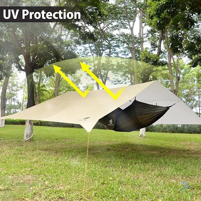 GEERTOP Large Camping Tent Tarp 17 x 10 ft Outdoor Waterproof Hammock Rain Fly Backpacking Tent Tarp Shelter for Survival Travel Khaki (Not Includes Poles)