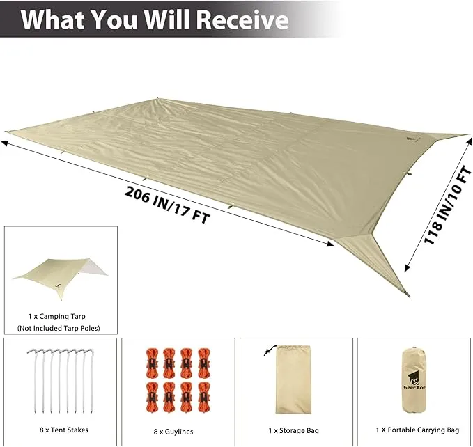 GEERTOP Large Camping Tent Tarp 17 x 10 ft Outdoor Waterproof Hammock Rain Fly Backpacking Tent Tarp Shelter for Survival Travel Khaki (Not Includes Poles)