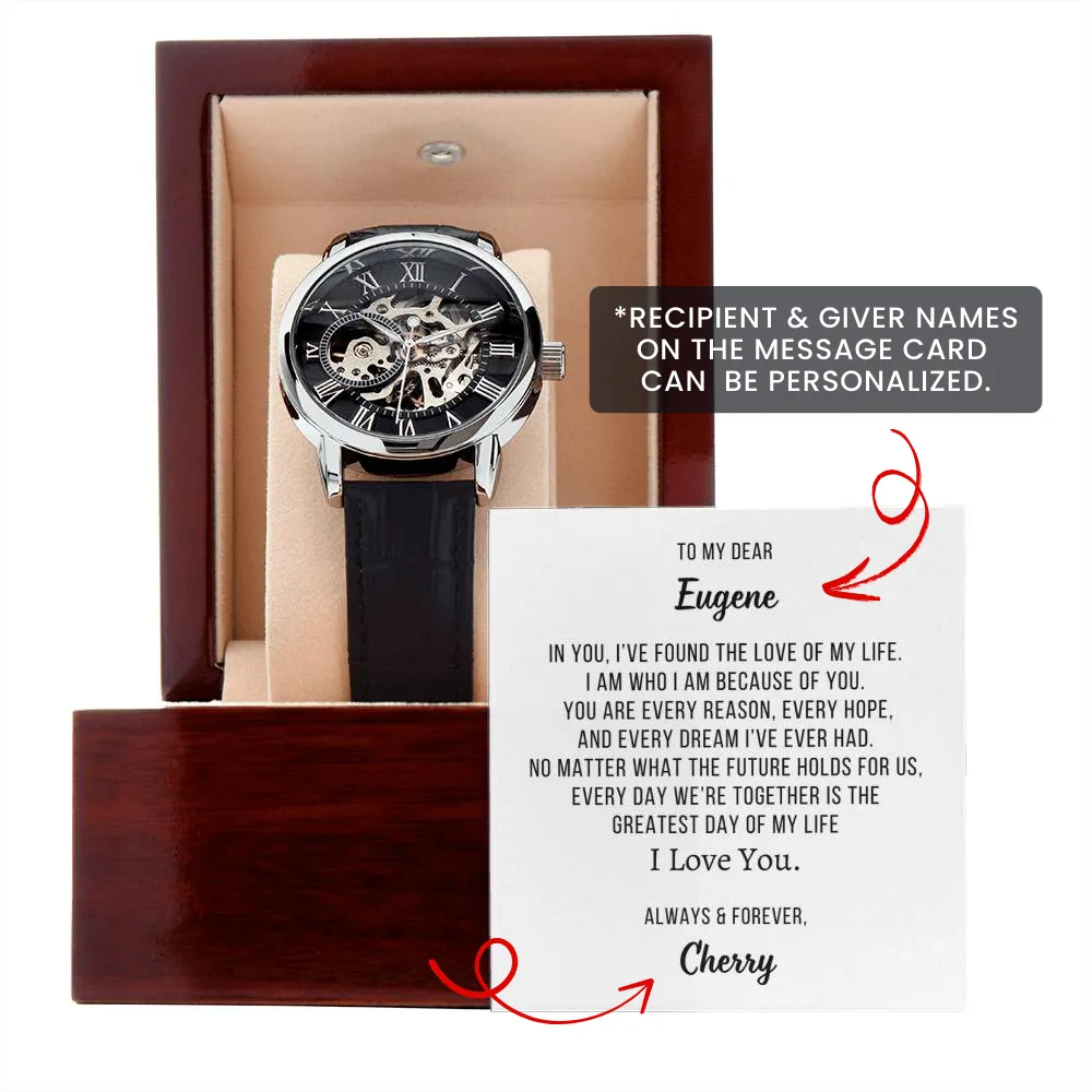 Gift for Him Luxury Openwork Watch Personalized Name Message Card Anniversary, Birthday or Valentine's  Gift for Husband, Fiance or Boyfriend OPW_BF01