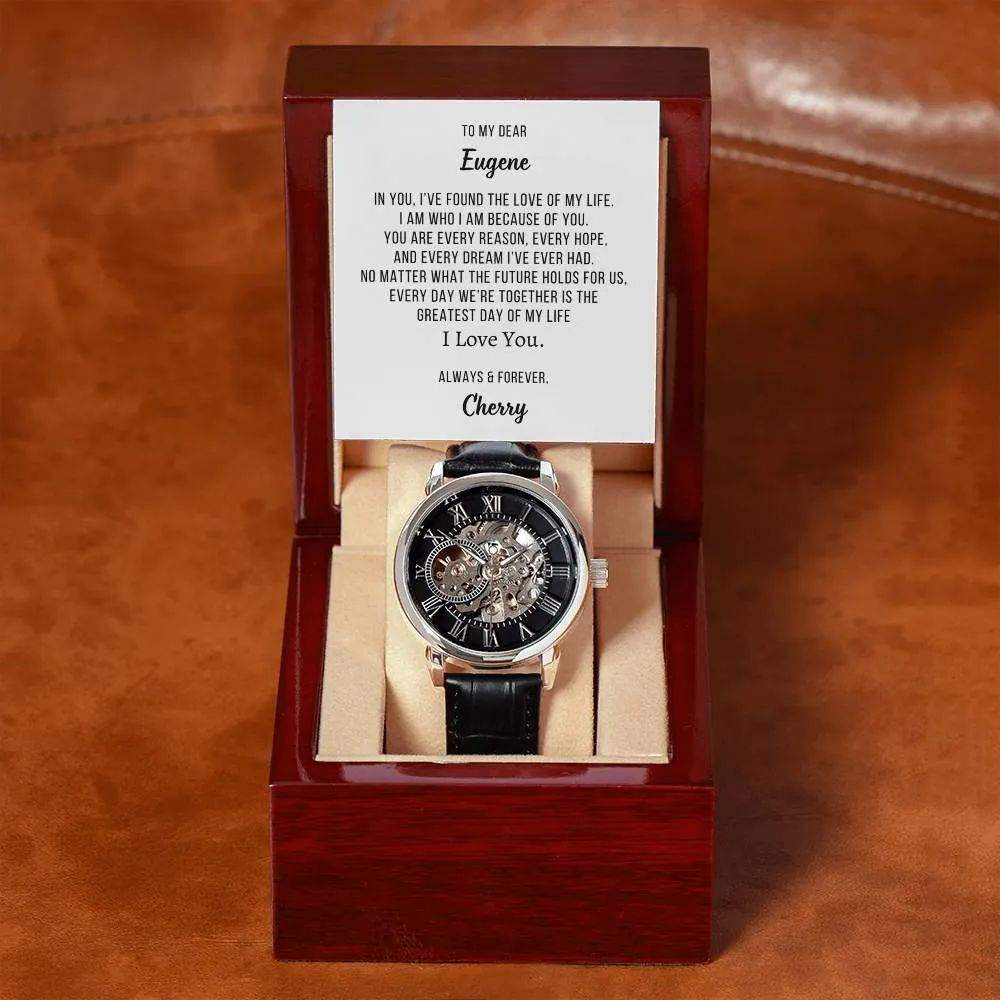 Gift for Him Luxury Openwork Watch Personalized Name Message Card Anniversary, Birthday or Valentine's  Gift for Husband, Fiance or Boyfriend OPW_BF01