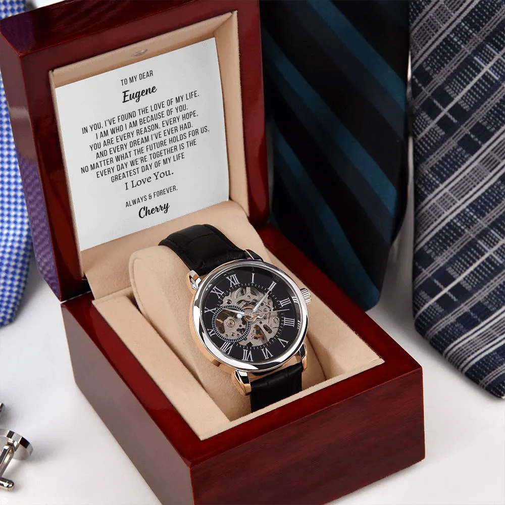 Gift for Him Luxury Openwork Watch Personalized Name Message Card Anniversary, Birthday or Valentine's  Gift for Husband, Fiance or Boyfriend OPW_BF01