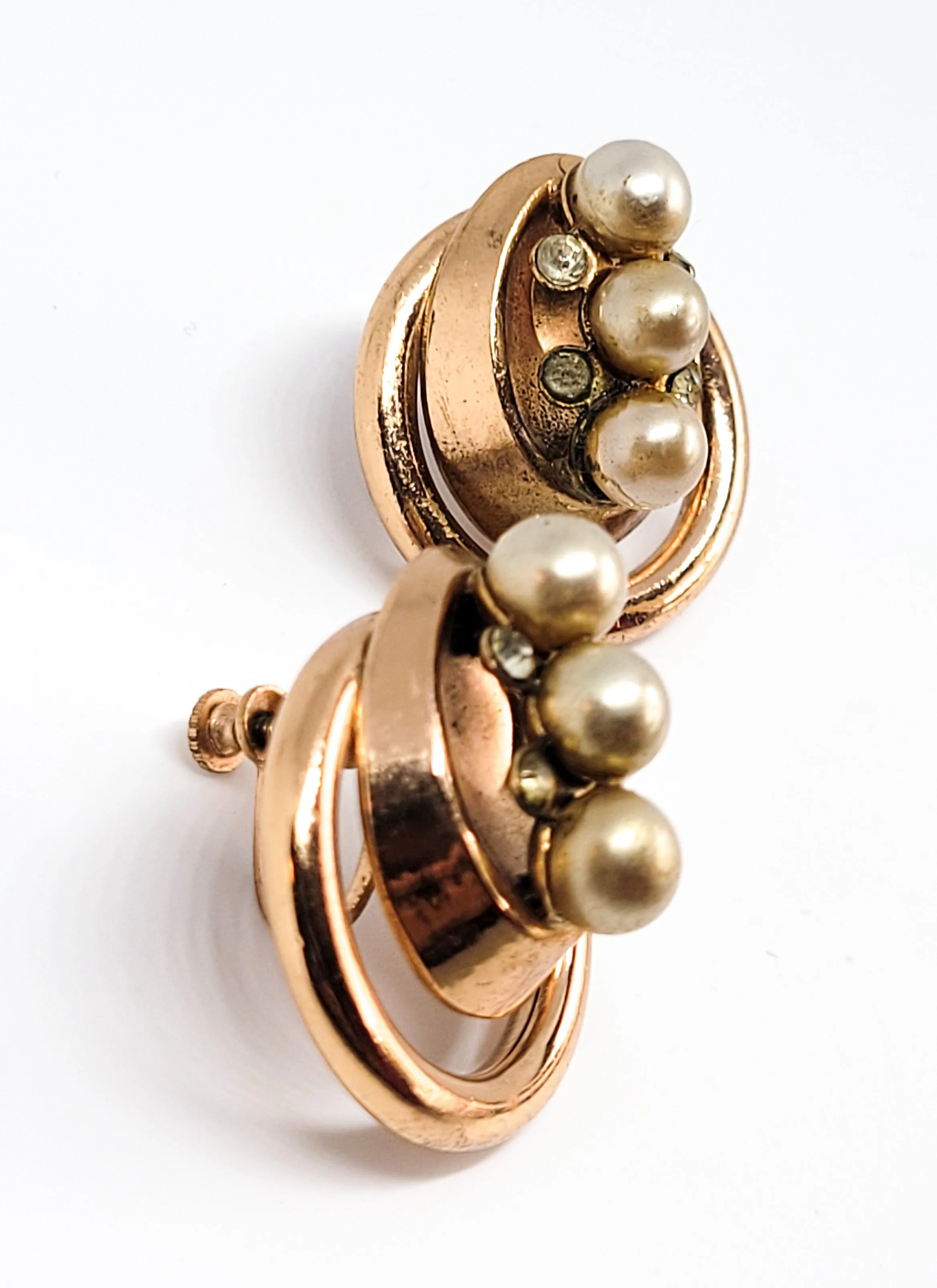 Gold filled faux pearl and rhinestone vintage hoops screw back earrings