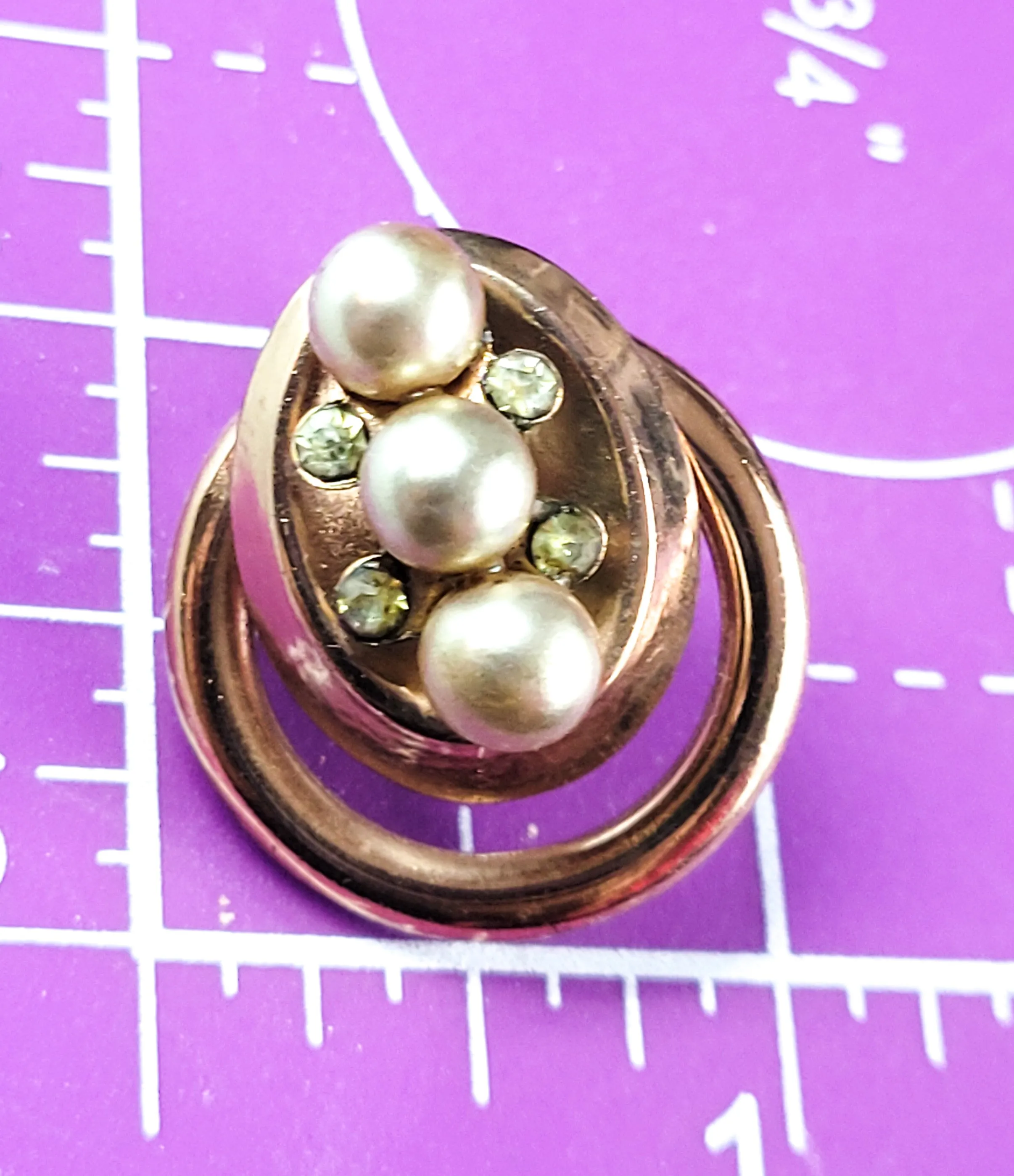 Gold filled faux pearl and rhinestone vintage hoops screw back earrings