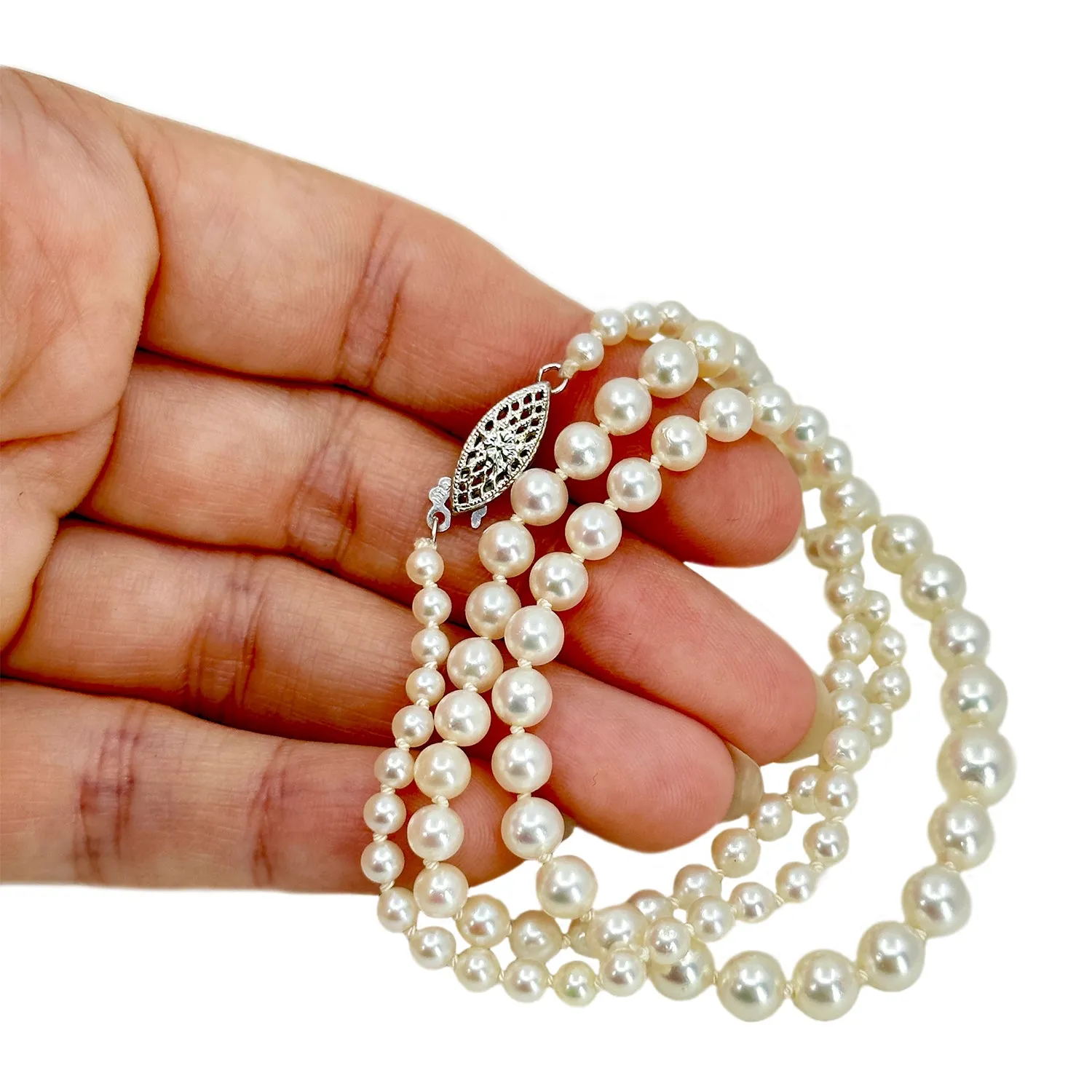 Graduated Mid-Century Japanese Saltwater Cultured Akoya Pearl Vintage Necklace Strand - 14K White Gold 20.25 Inch