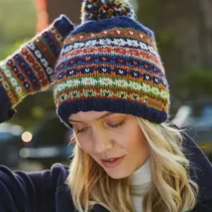 Hand Knit Beanie - Navy Fairisle