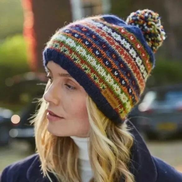 Hand Knit Beanie - Navy Fairisle