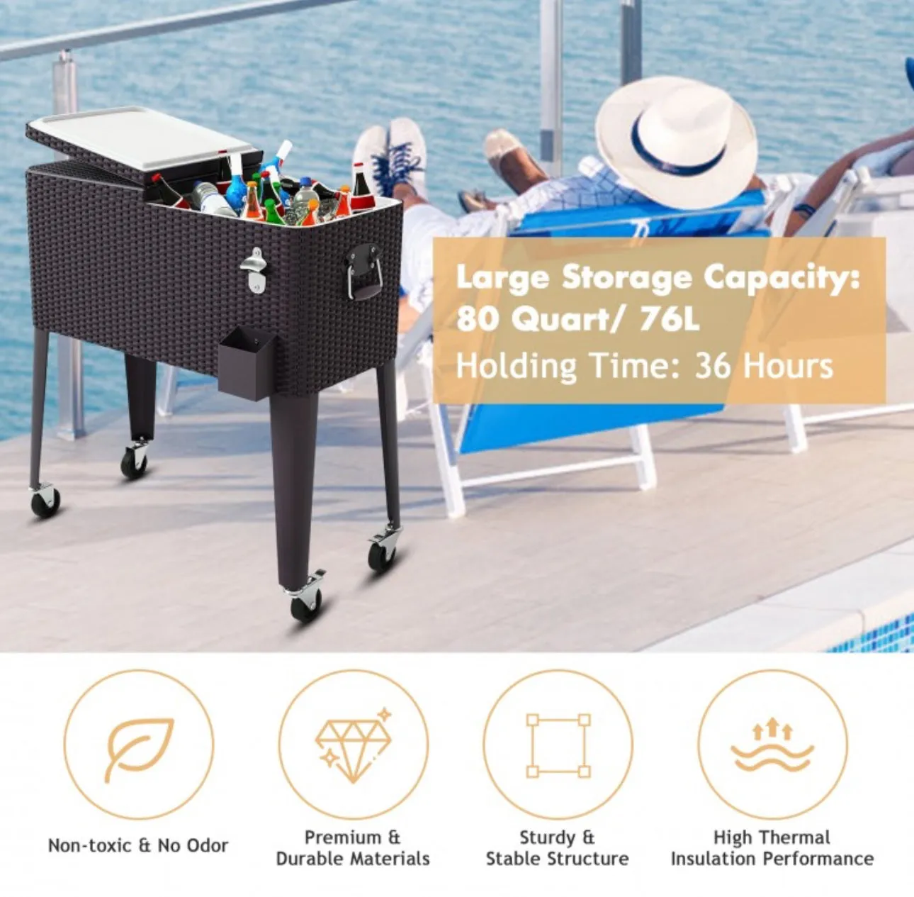 Heavy Duty Patio Super Cool Rattan Rolling Party Cooler Cart | Bottle Opener With Catcher | Handle | Rolling Wheels |