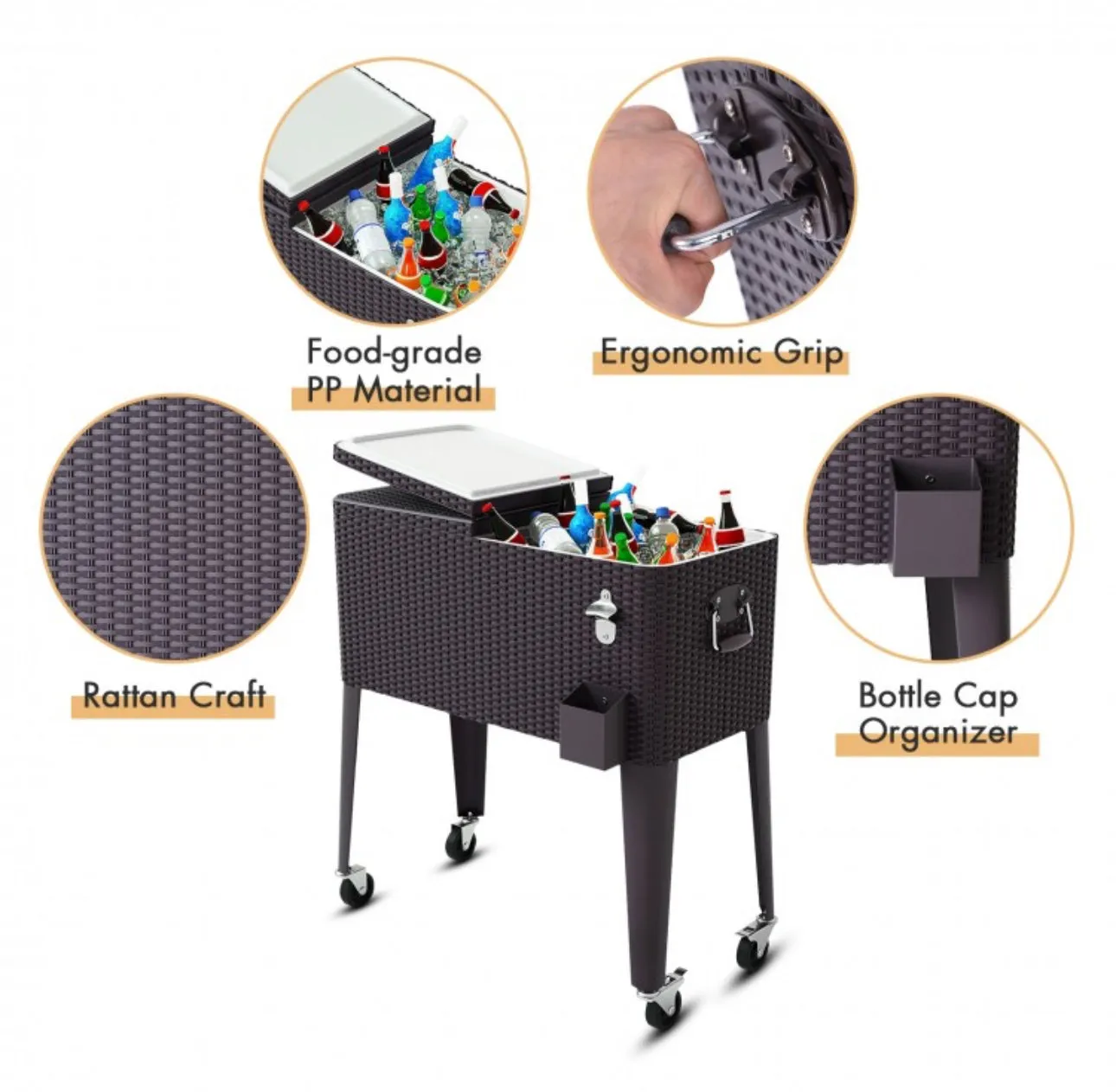 Heavy Duty Patio Super Cool Rattan Rolling Party Cooler Cart | Bottle Opener With Catcher | Handle | Rolling Wheels |
