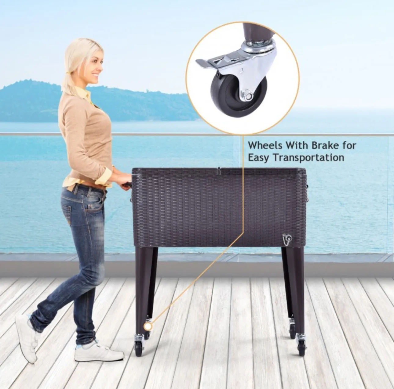Heavy Duty Patio Super Cool Rattan Rolling Party Cooler Cart | Bottle Opener With Catcher | Handle | Rolling Wheels |
