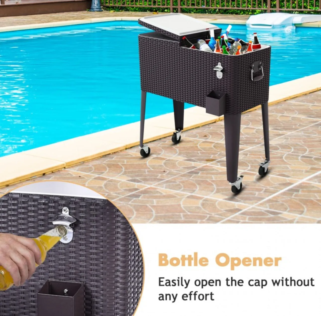 Heavy Duty Patio Super Cool Rattan Rolling Party Cooler Cart | Bottle Opener With Catcher | Handle | Rolling Wheels |