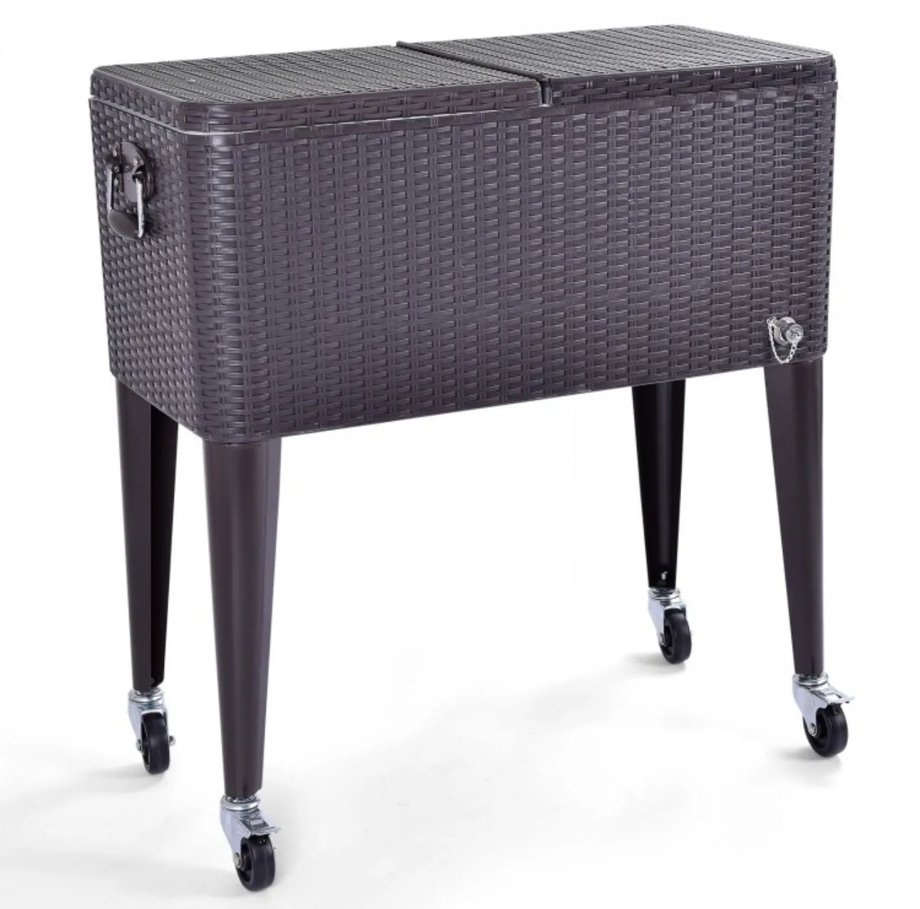 Heavy Duty Patio Super Cool Rattan Rolling Party Cooler Cart | Bottle Opener With Catcher | Handle | Rolling Wheels |