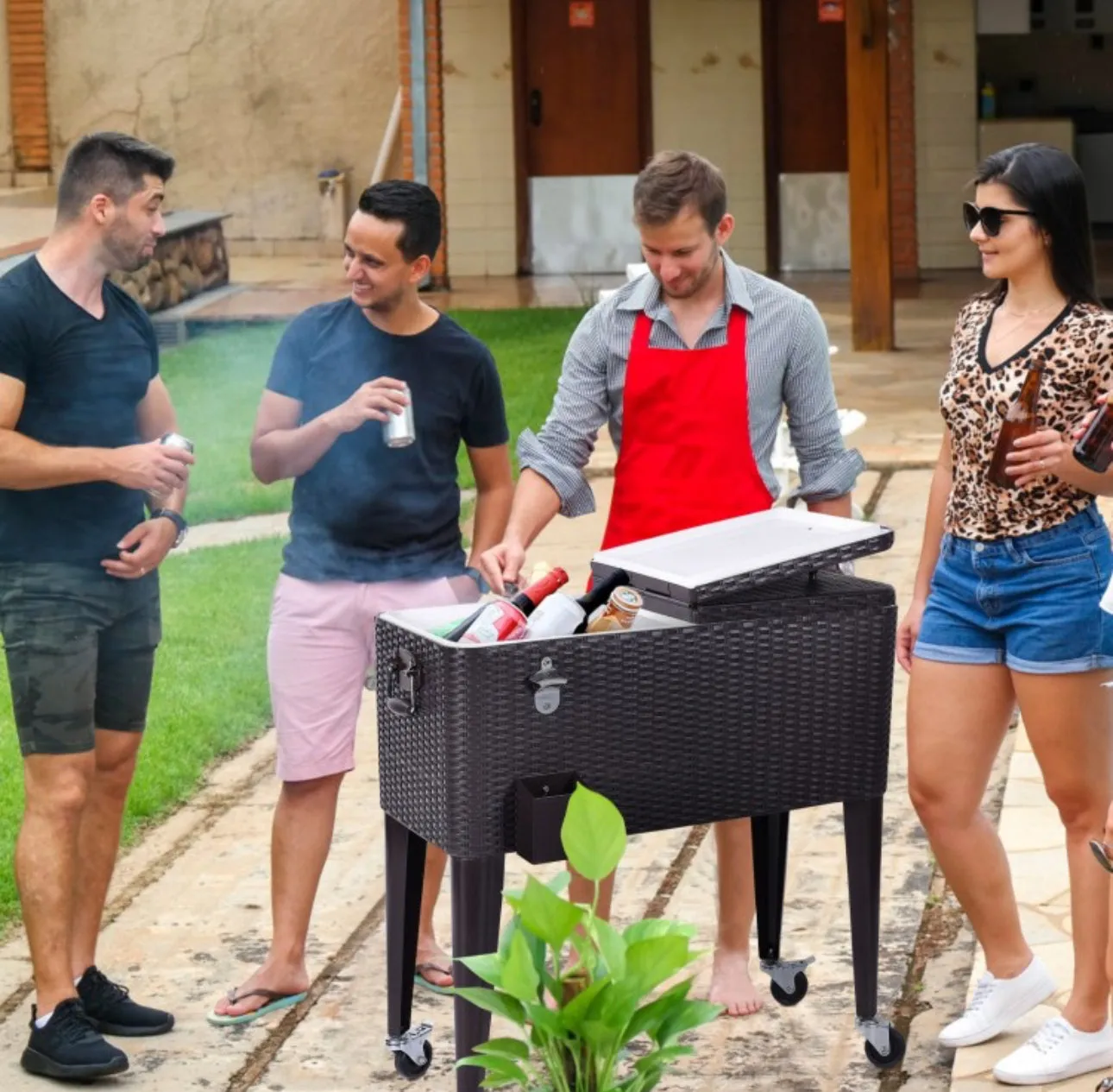 Heavy Duty Patio Super Cool Rattan Rolling Party Cooler Cart | Bottle Opener With Catcher | Handle | Rolling Wheels |