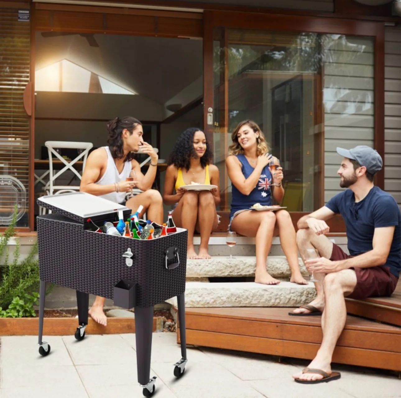 Heavy Duty Patio Super Cool Rattan Rolling Party Cooler Cart | Bottle Opener With Catcher | Handle | Rolling Wheels |