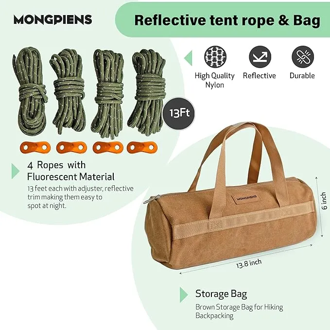 Heavy Duty Tent Stakes Set - 8 Steel Pegs(10inch), Hammer, 13ft Reflective Ropes, Adjusters, and Storage Bag for Camping, Hiking, Backpacking