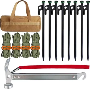 Heavy Duty Tent Stakes Set - 8 Steel Pegs(10inch), Hammer, 13ft Reflective Ropes, Adjusters, and Storage Bag for Camping, Hiking, Backpacking