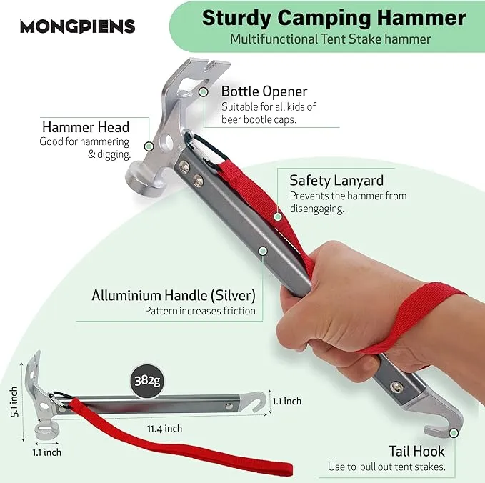 Heavy Duty Tent Stakes Set - 8 Steel Pegs(10inch), Hammer, 13ft Reflective Ropes, Adjusters, and Storage Bag for Camping, Hiking, Backpacking