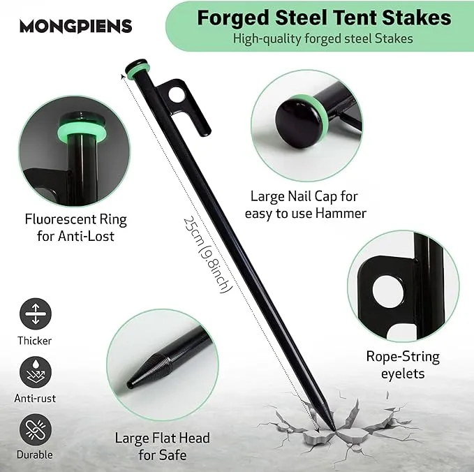 Heavy Duty Tent Stakes Set - 8 Steel Pegs(10inch), Hammer, 13ft Reflective Ropes, Adjusters, and Storage Bag for Camping, Hiking, Backpacking