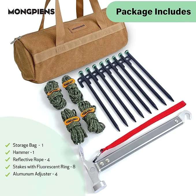 Heavy Duty Tent Stakes Set - 8 Steel Pegs(10inch), Hammer, 13ft Reflective Ropes, Adjusters, and Storage Bag for Camping, Hiking, Backpacking